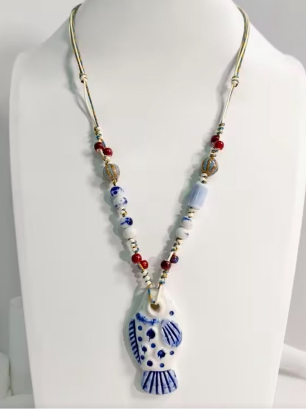Blue and Red Ceramic Fish Pendant Necklace by